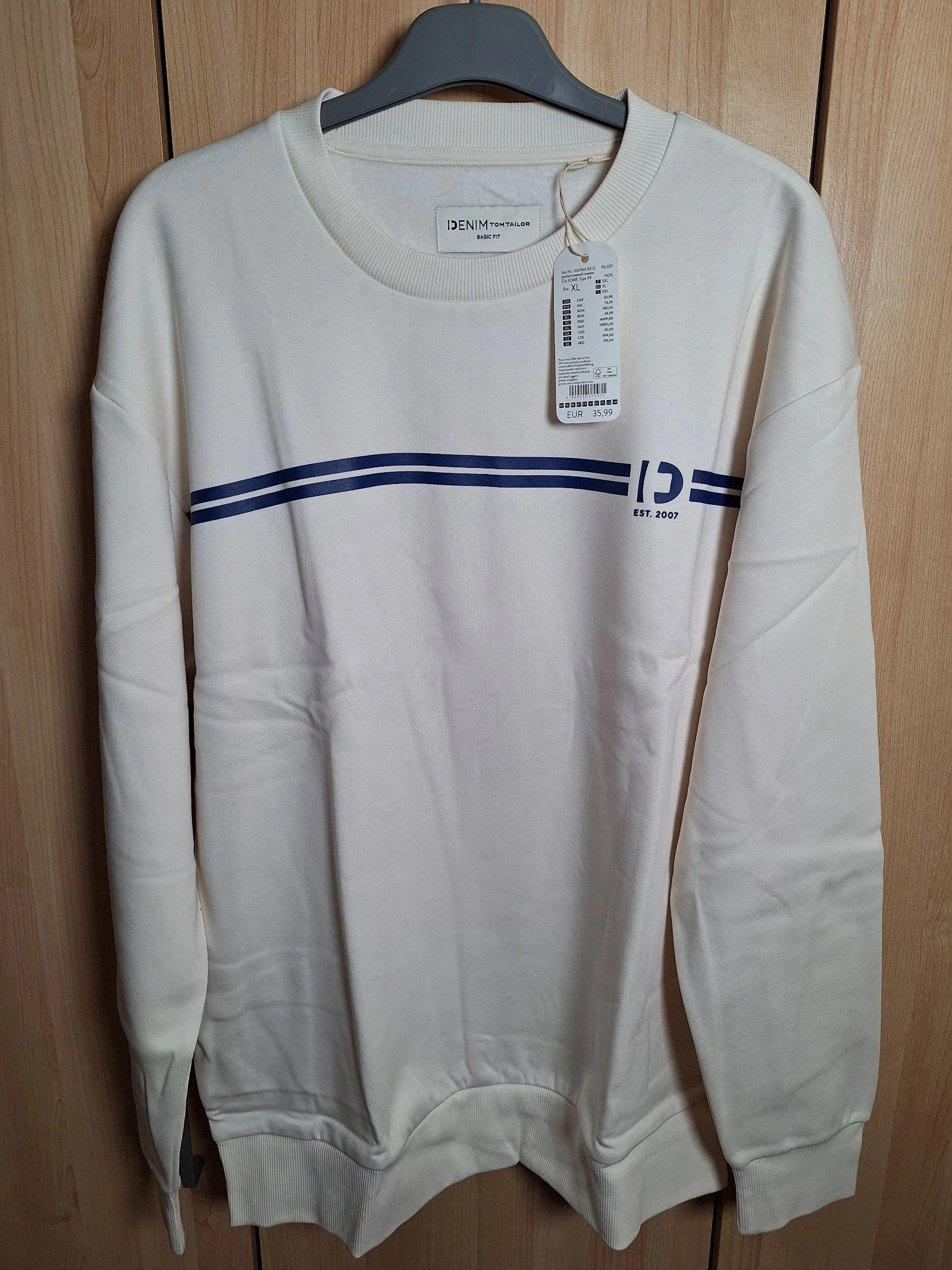 sweat ecru tom tailor denim neuf avec etiquette taille xl, sweatshirt blanc casse avec bandes bleu marine
